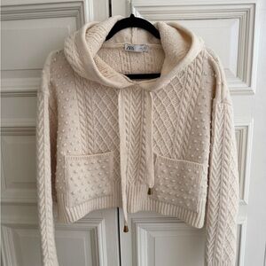 Zara Cream Textured Knit Women's Cowl Sweater